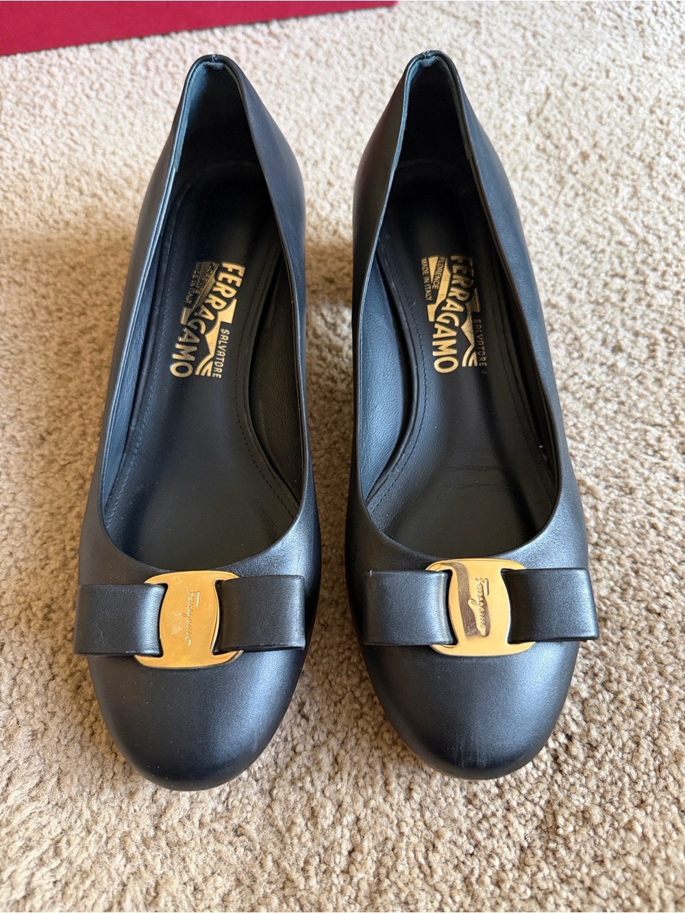Salvatore Ferragamo Black Leather Vara Bow Flats with Gold Buckle